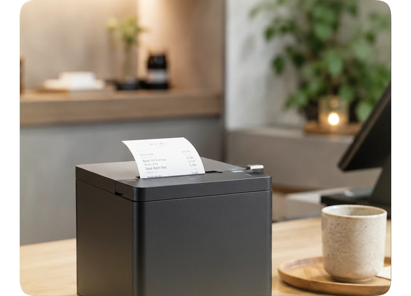 Imprimante thermique posée sur un comptoir de service