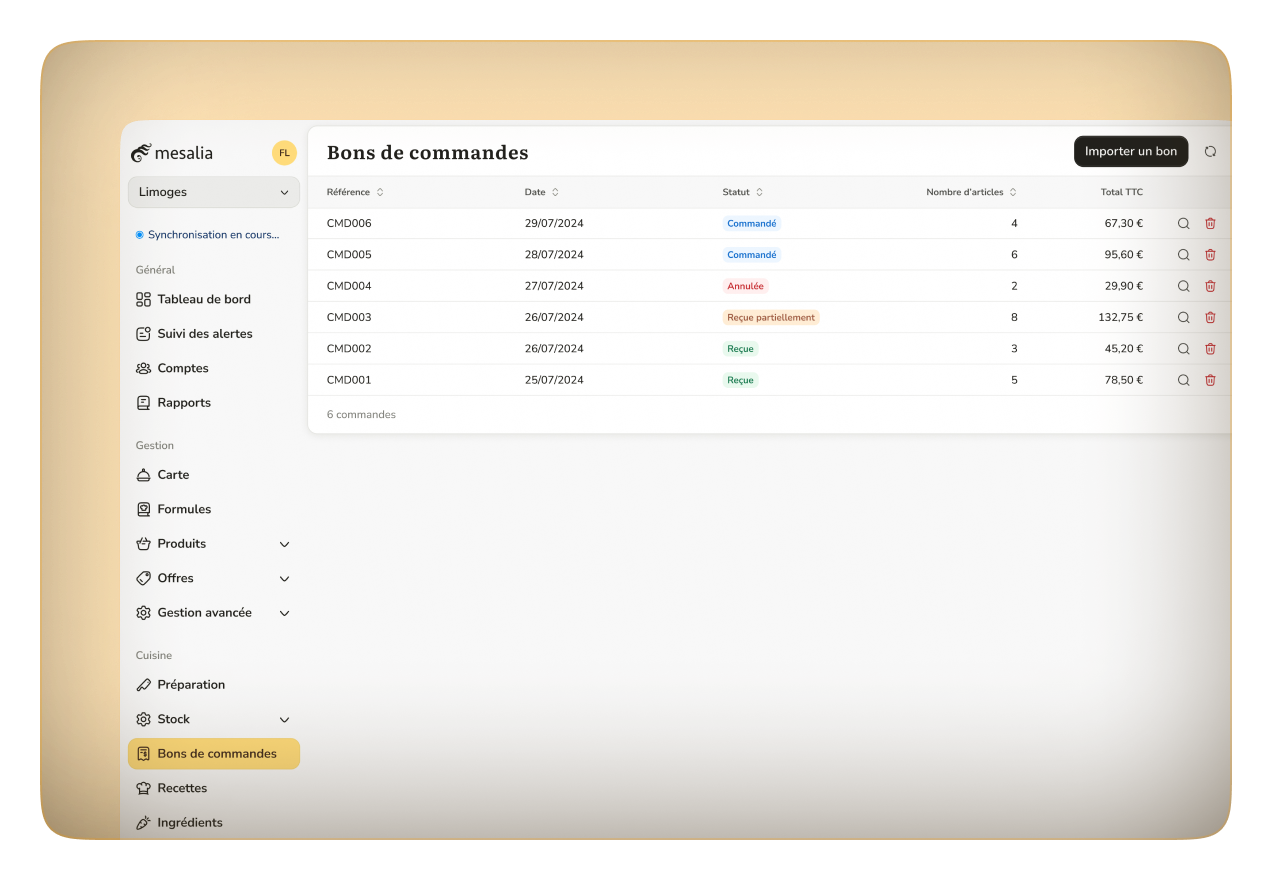 Enregistrement d’une commande d’ingrédients